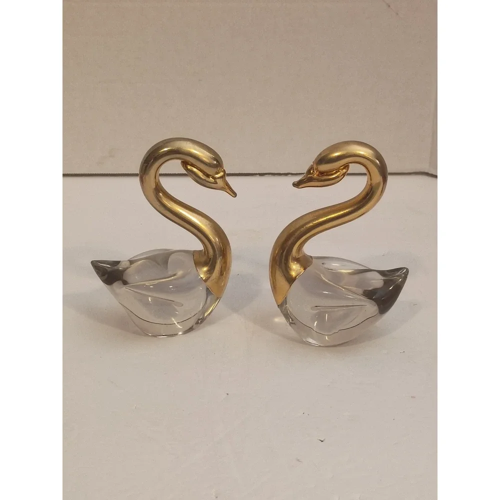 Vintage Art Glass Swan Figurines Gold Tone Metal Neck Set of 2 Mid Century Decor